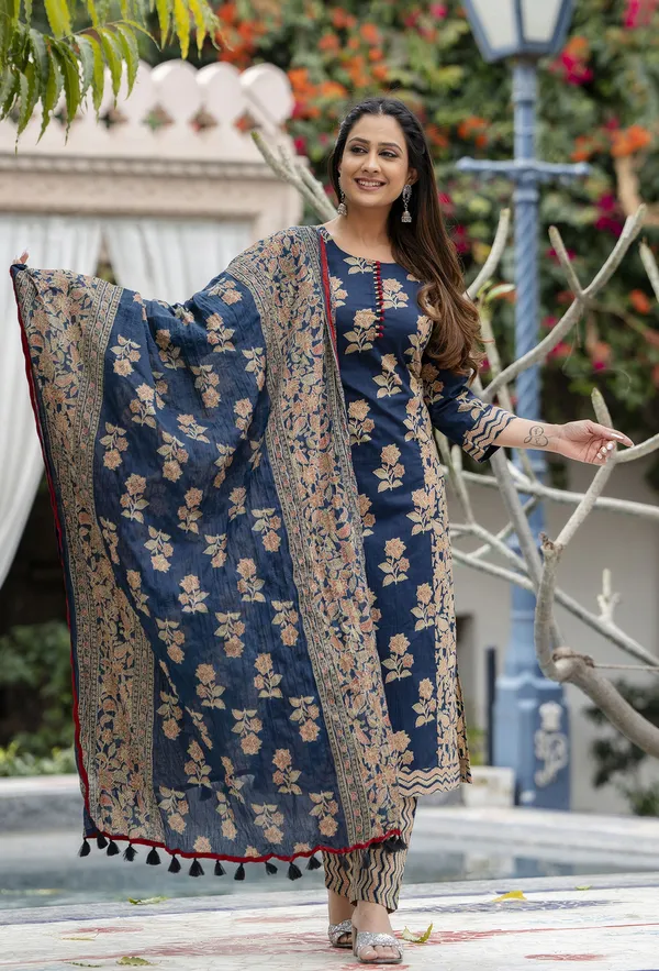 Blue_Floral_Printed_Regular_Pure_Cotton_Kurta_With_Trousers_&__Dupatta_For_Women