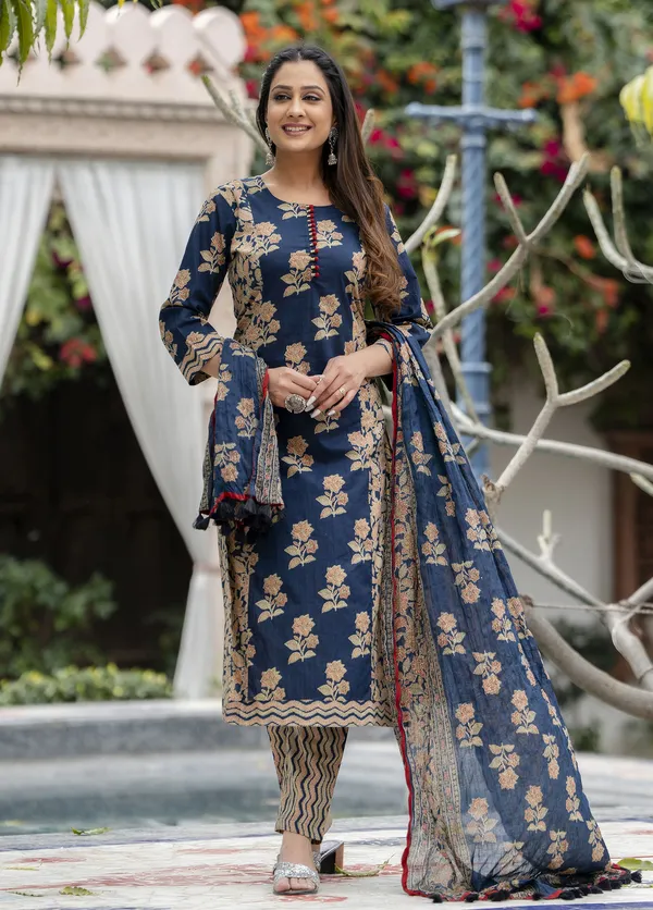 Blue_Floral_Printed_Regular_Pure_Cotton_Kurta_With_Trousers_&__Dupatta_For_Women