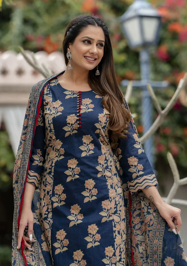 Blue_Floral_Printed_Regular_Pure_Cotton_Kurta_With_Trousers_&__Dupatta_For_Women