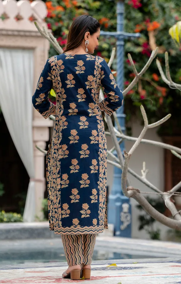 Blue_Floral_Printed_Regular_Pure_Cotton_Kurta_With_Trousers_&__Dupatta_For_Women