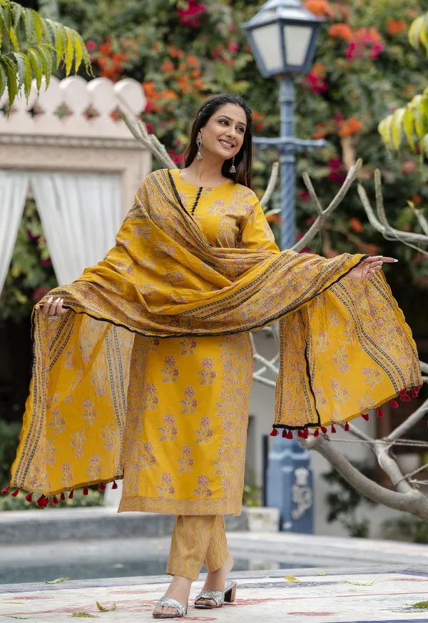 Yellow_Floral_Printed_Regular_Pure_Cotton_Kurta_With_Trousers_&__Dupatta_For_Women