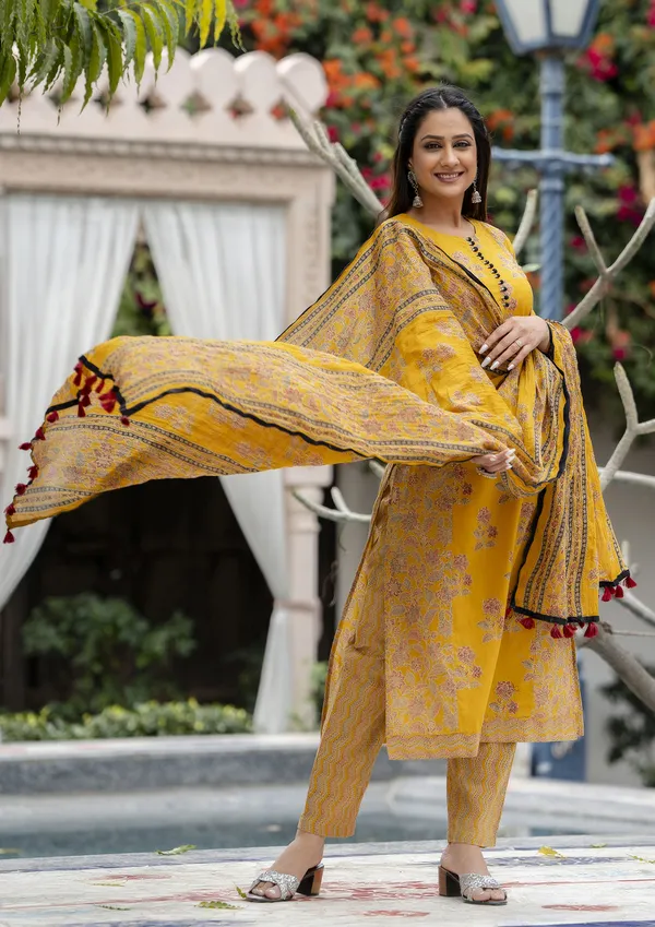 Yellow_Floral_Printed_Regular_Pure_Cotton_Kurta_With_Trousers_&__Dupatta_For_Women