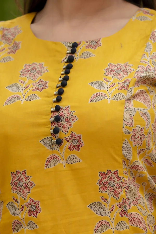 Yellow_Floral_Printed_Regular_Pure_Cotton_Kurta_With_Trousers_&__Dupatta_For_Women
