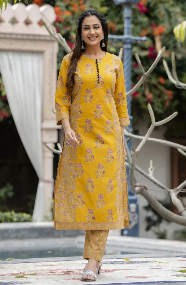 Yellow_Floral_Printed_Regular_Pure_Cotton_Kurta_With_Trousers_&__Dupatta_For_Women