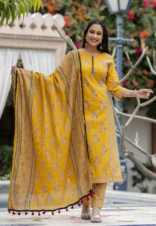 Yellow_Floral_Printed_Regular_Pure_Cotton_Kurta_With_Trousers_&__Dupatta_For_Women