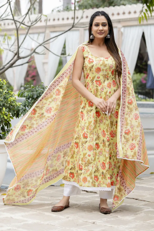 Yellow_Floral_Printed_Regular_Pure_Cotton_Kurta_With_Trousers_&__Dupatta_For_Women