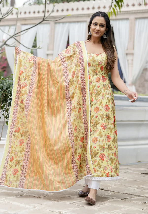 Yellow_Floral_Printed_Regular_Pure_Cotton_Kurta_With_Trousers_&__Dupatta_For_Women