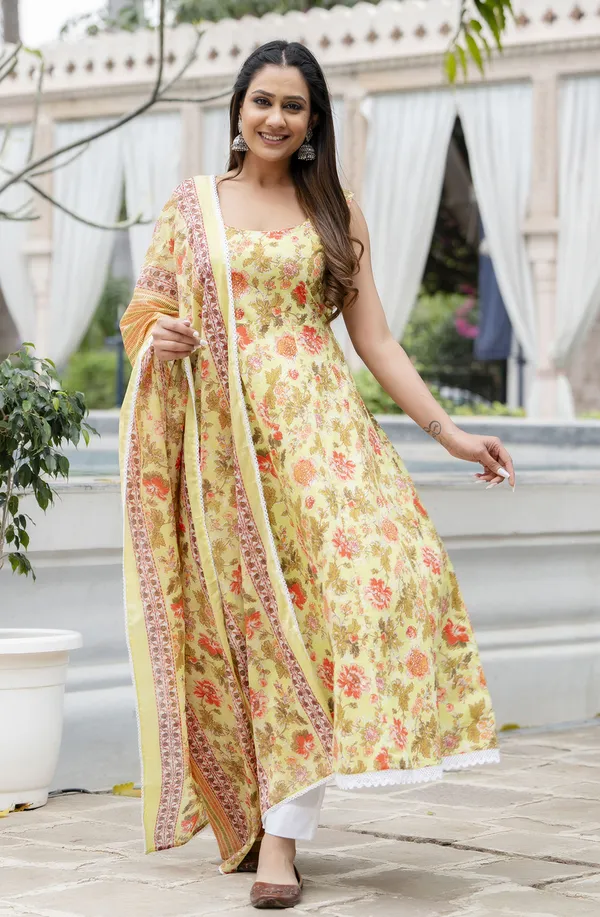 Yellow_Floral_Printed_Regular_Pure_Cotton_Kurta_With_Trousers_&__Dupatta_For_Women