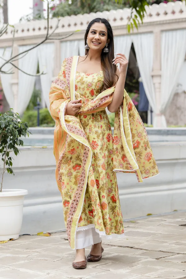 Yellow_Floral_Printed_Regular_Pure_Cotton_Kurta_With_Trousers_&__Dupatta_For_Women