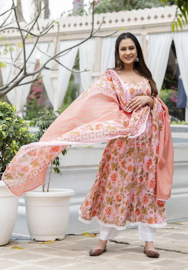 Pink_Floral_Printed_Sleeveless_Pure_Cotton_A-Line_Kurta_With_Trousers_&_Dupatta_For_Women