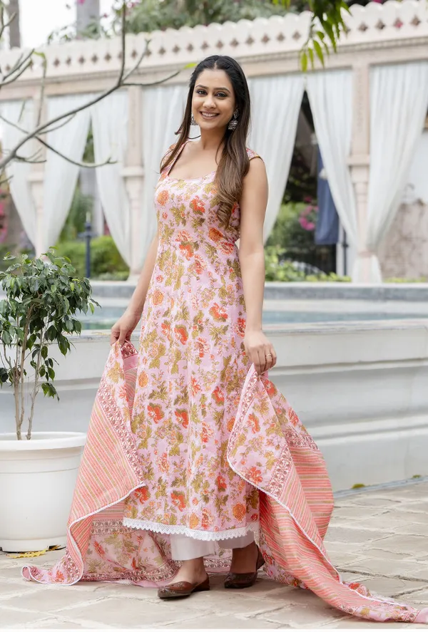 Pink_Floral_Printed_Sleeveless_Pure_Cotton_A-Line_Kurta_With_Trousers_&_Dupatta_For_Women