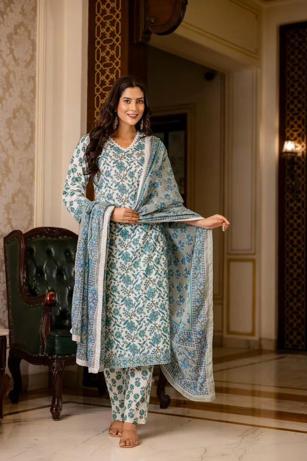 Blue_Floral_Printed_Regular_Pure_Cotton_Kurta_With_Palazzos_&__Dupatta_For_Women