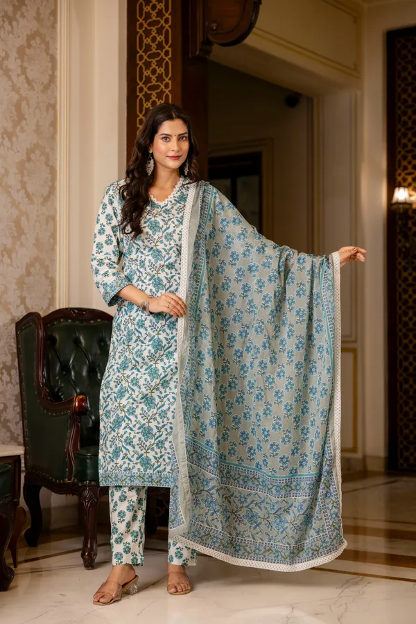 Blue_Floral_Printed_Regular_Pure_Cotton_Kurta_With_Palazzos_&__Dupatta_For_Women
