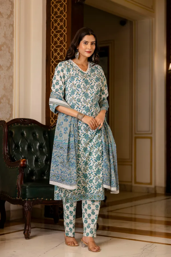 Blue_Floral_Printed_Regular_Pure_Cotton_Kurta_With_Palazzos_&__Dupatta_For_Women