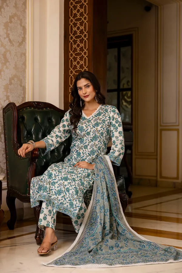 Blue_Floral_Printed_Regular_Pure_Cotton_Kurta_With_Palazzos_&__Dupatta_For_Women