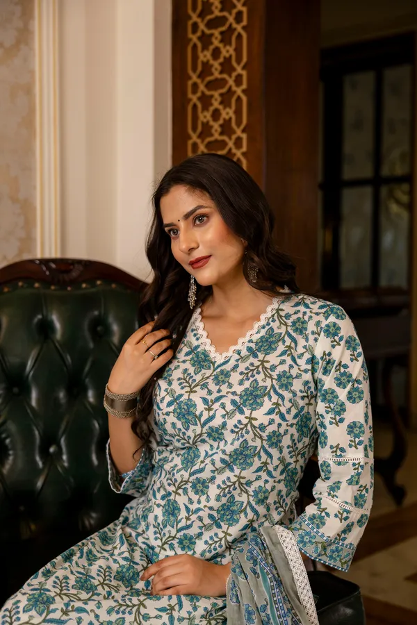 Blue_Floral_Printed_Regular_Pure_Cotton_Kurta_With_Palazzos_&__Dupatta_For_Women
