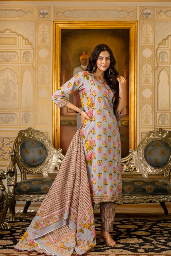 Grey_Floral_Printed_Regular_Pure_Cotton_Kurta_With_Trousers_&__Dupatta_For_Women