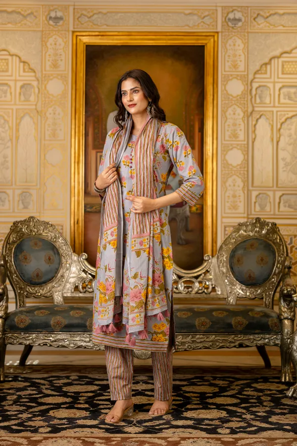 Grey_Floral_Printed_Regular_Pure_Cotton_Kurta_With_Trousers_&__Dupatta_For_Women