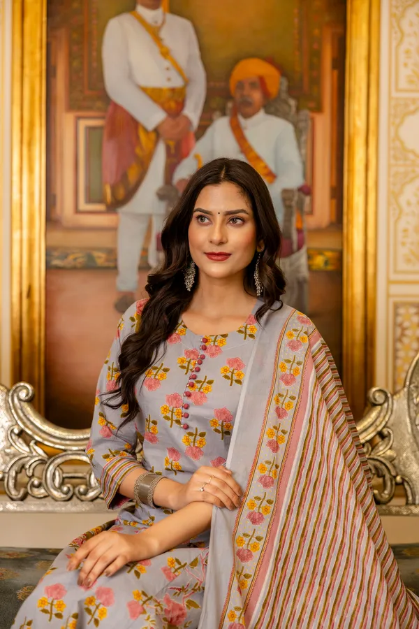 Grey_Floral_Printed_Regular_Pure_Cotton_Kurta_With_Trousers_&__Dupatta_For_Women