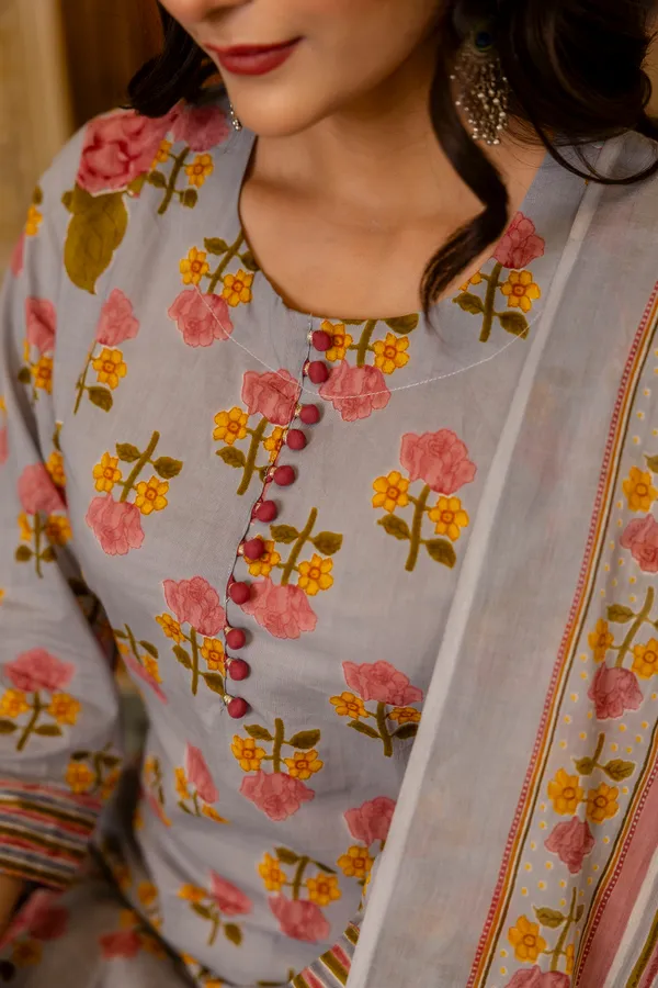 Grey_Floral_Printed_Regular_Pure_Cotton_Kurta_With_Trousers_&__Dupatta_For_Women