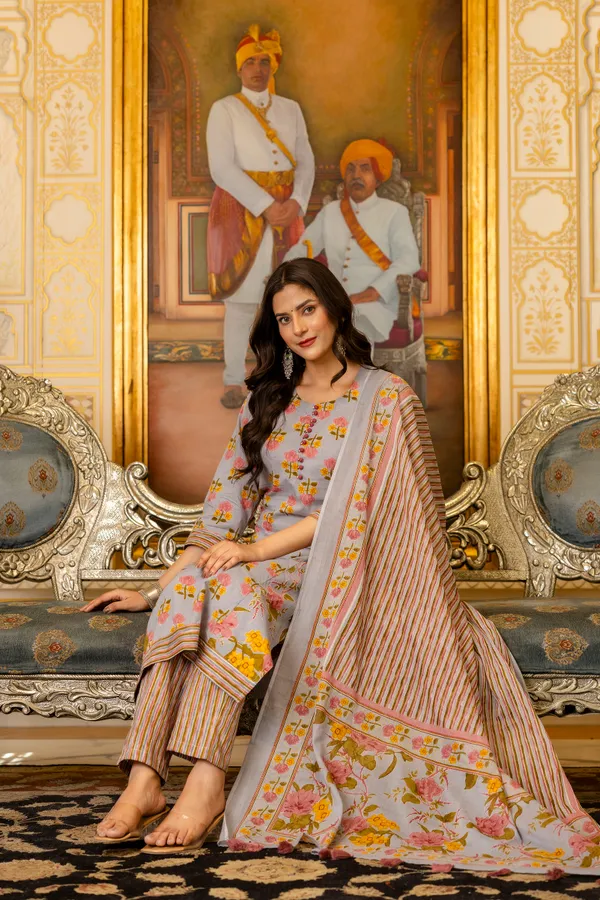 Grey_Floral_Printed_Regular_Pure_Cotton_Kurta_With_Trousers_&__Dupatta_For_Women