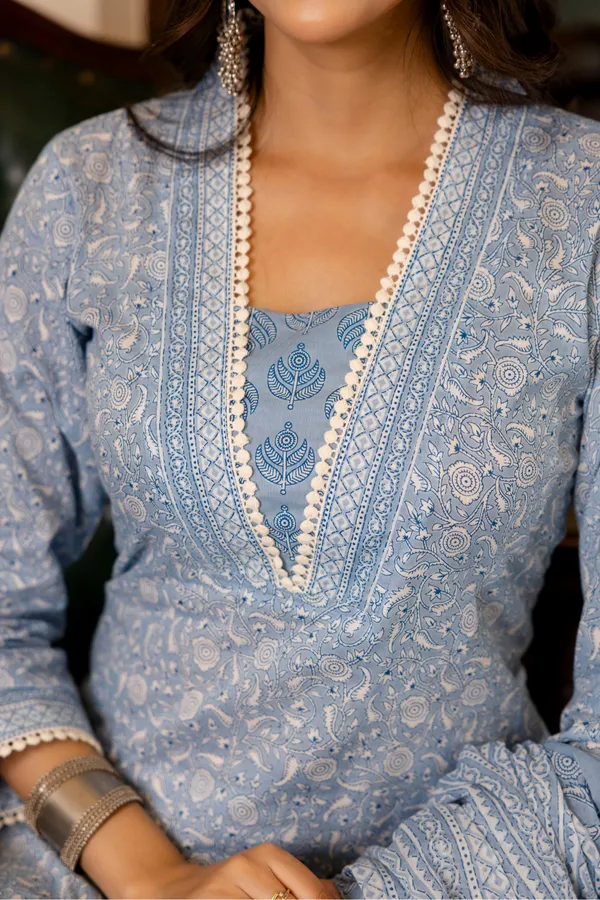 Blue_Floral_Printed_Regular_Pure_Cotton_Kurta_With_Palazzos_&__Dupatta_For_Women