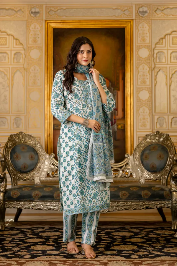 Blue_Floral_Printed_Regular_Pure_Cotton_Kurta_With_Palazzos_&__Dupatta_For_Women