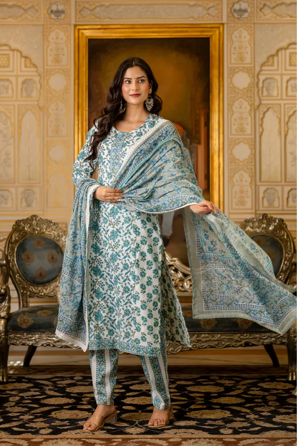 Blue_Floral_Printed_Regular_Pure_Cotton_Kurta_With_Palazzos_&__Dupatta_For_Women