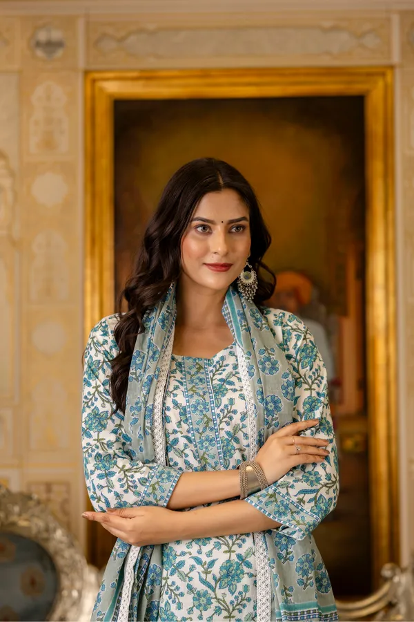 Blue_Floral_Printed_Regular_Pure_Cotton_Kurta_With_Palazzos_&__Dupatta_For_Women