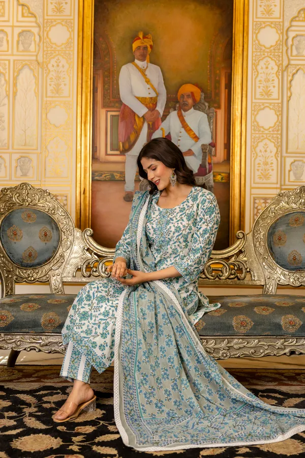 Blue_Floral_Printed_Regular_Pure_Cotton_Kurta_With_Palazzos_&__Dupatta_For_Women