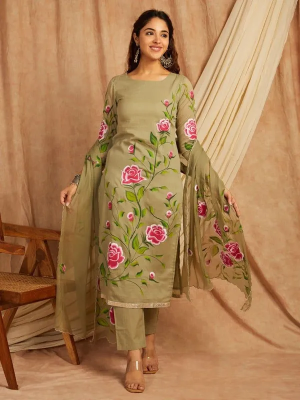 Green_Floral_Printed_Regular_Pure_Cotton_Kurta_With_Trousers_&__Dupatta_For_Women