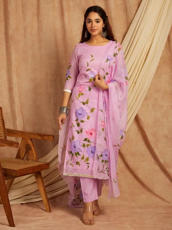 Purple_Floral_Printed_Regular_Pure_Cotton_Kurta_With_Palazzos_&__Dupatta_For_Women