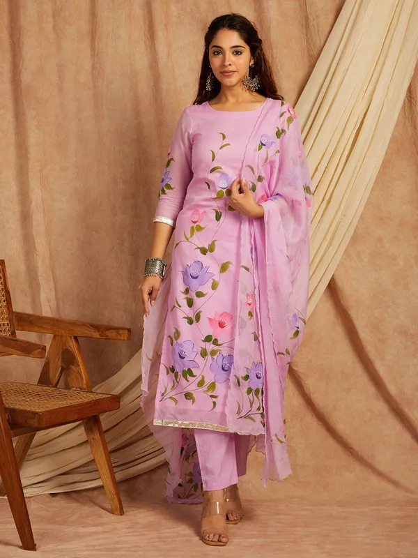Purple_Floral_Printed_Regular_Pure_Cotton_Kurta_With_Palazzos_&__Dupatta_For_Women