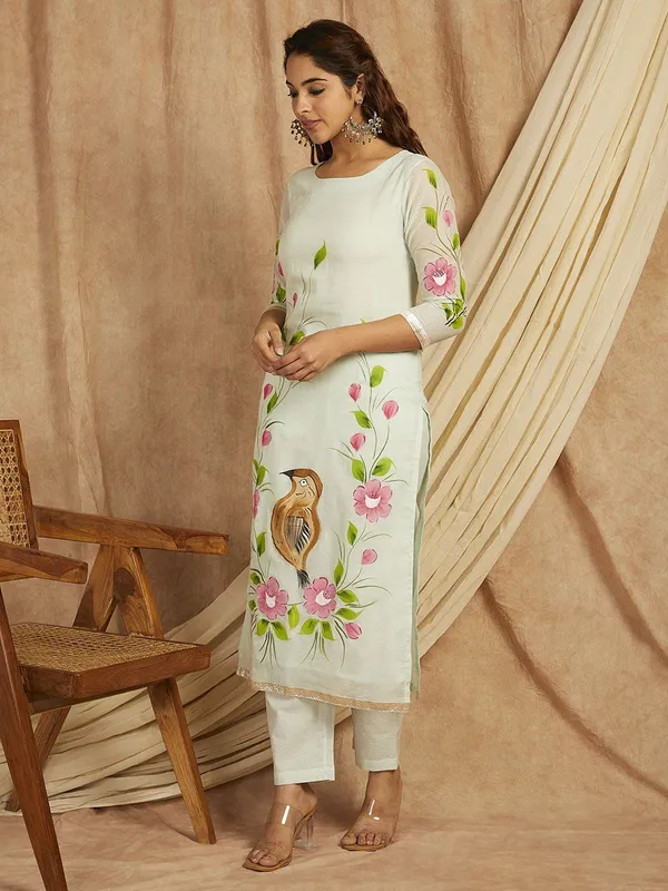 Green_Floral_Printed_Round_Neck_Pure_Cotton_Straight_Kurta_With_Palazzos_&_Dupatta_For_Women