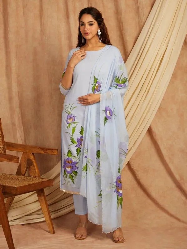 Blue_Floral_Printed_Regular_Pure_Cotton_Kurta_Palazzos_With_Dupatta_For_Women