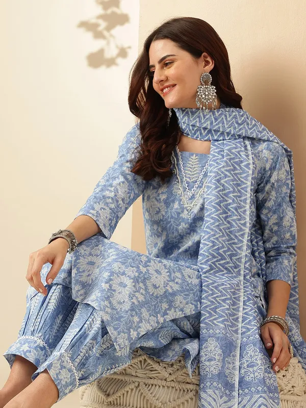 Blue_Floral_Printed_Regular_Pure_Cotton_Kurta_With_Palazzos_&__Dupatta_For_Women