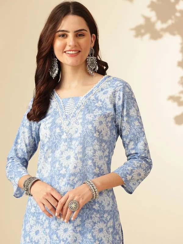 Blue_Floral_Printed_Regular_Pure_Cotton_Kurta_With_Palazzos_&__Dupatta_For_Women