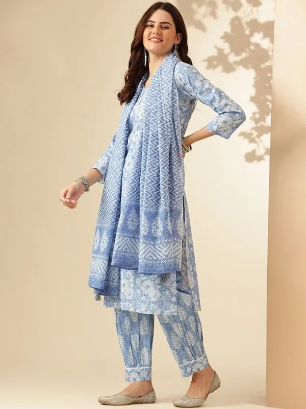 Blue_Floral_Printed_Regular_Pure_Cotton_Kurta_With_Palazzos_&__Dupatta_For_Women