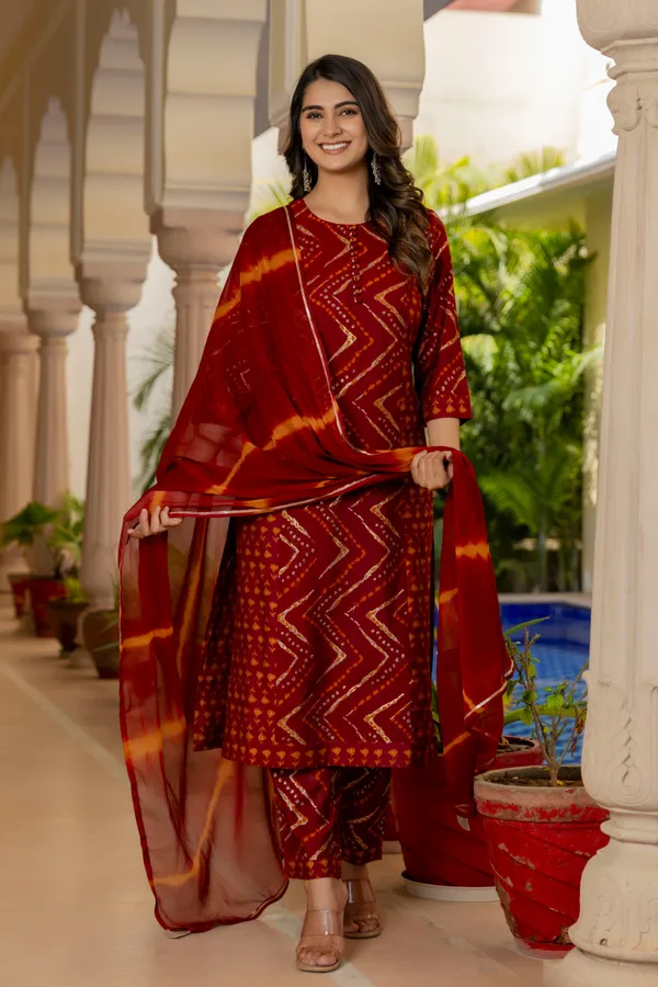 Red_Chevron_Printed_Chanderi_Cotton_Kurta_With_Palazzos_&_Dupatta_For_Women