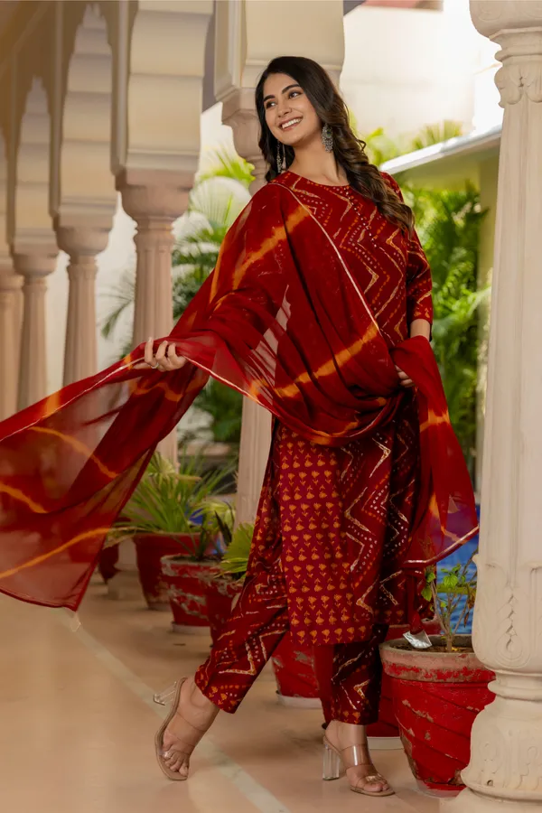Red_Chevron_Printed_Chanderi_Cotton_Kurta_With_Palazzos_&_Dupatta_For_Women