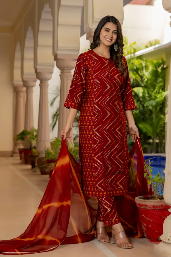 Red_Chevron_Printed_Chanderi_Cotton_Kurta_With_Palazzos_&_Dupatta_For_Women