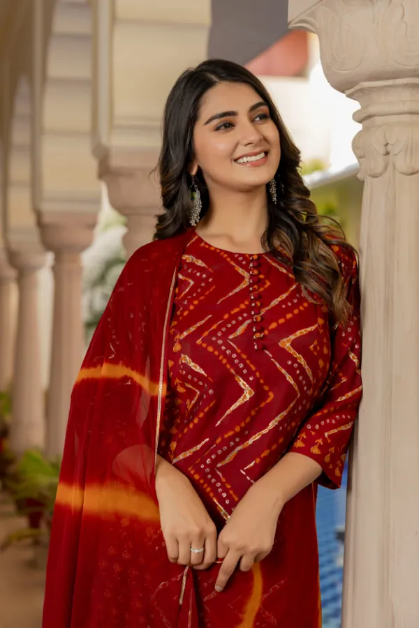 Red_Chevron_Printed_Chanderi_Cotton_Kurta_With_Palazzos_&_Dupatta_For_Women