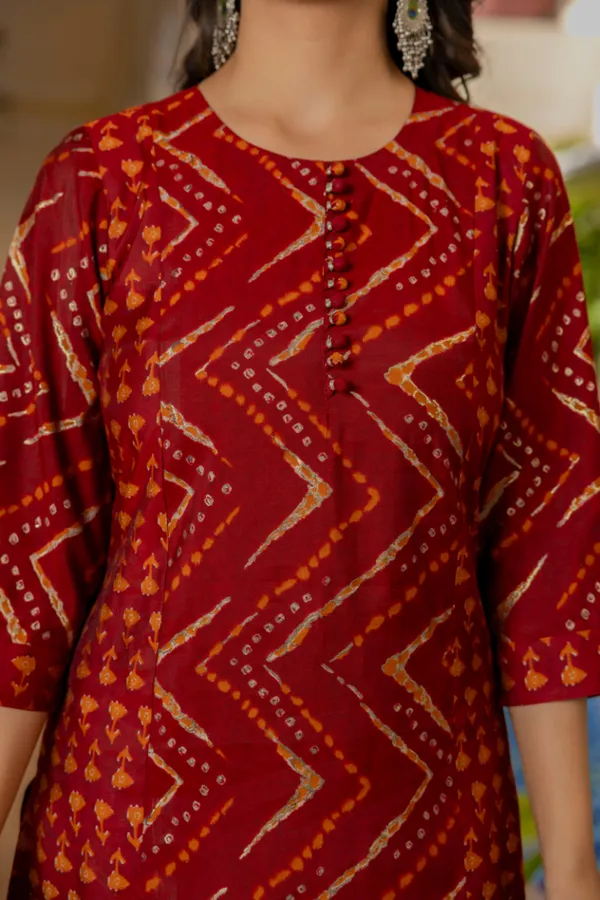 Red_Chevron_Printed_Chanderi_Cotton_Kurta_With_Palazzos_&_Dupatta_For_Women