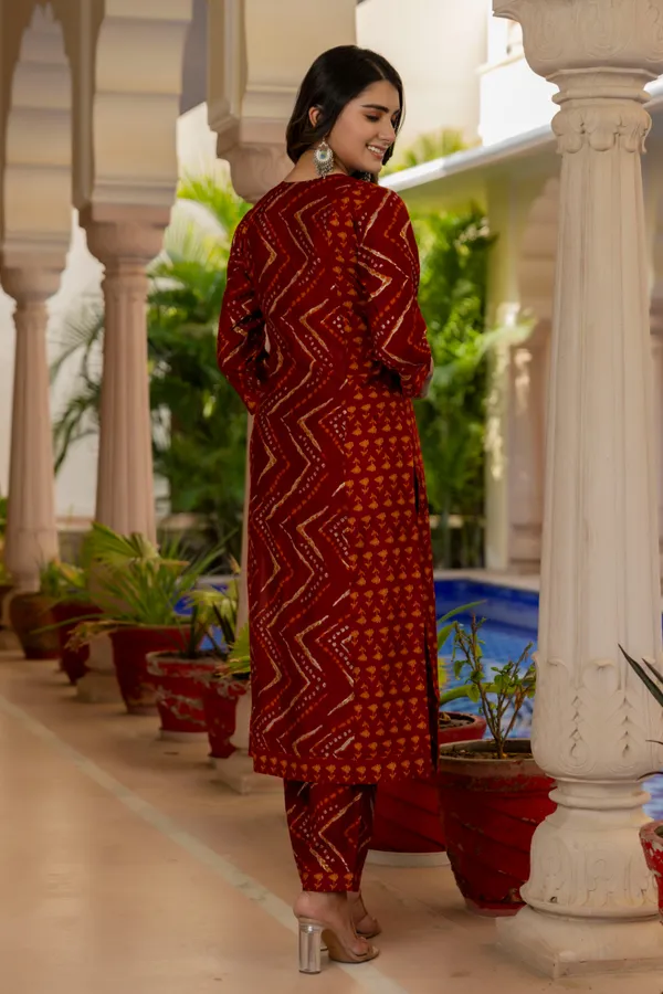 Red_Chevron_Printed_Chanderi_Cotton_Kurta_With_Palazzos_&_Dupatta_For_Women