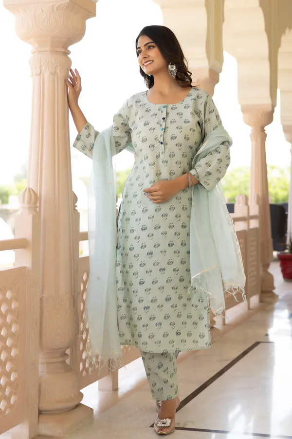 Green_Floral_Printed_Round_Collar_Chanderi_Cotton_Straight_Kurta_With_Trouser_&_Dupatta_For_Women
