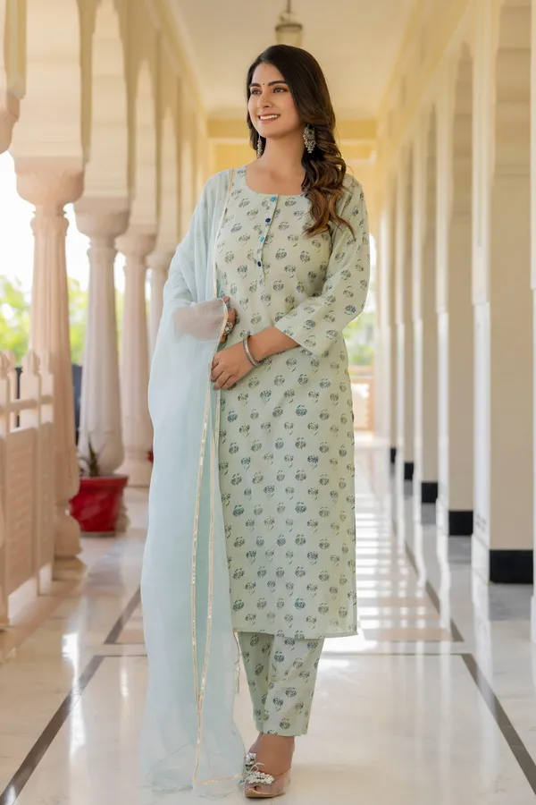 Green_Floral_Printed_Round_Collar_Chanderi_Cotton_Straight_Kurta_With_Trouser_&_Dupatta_For_Women