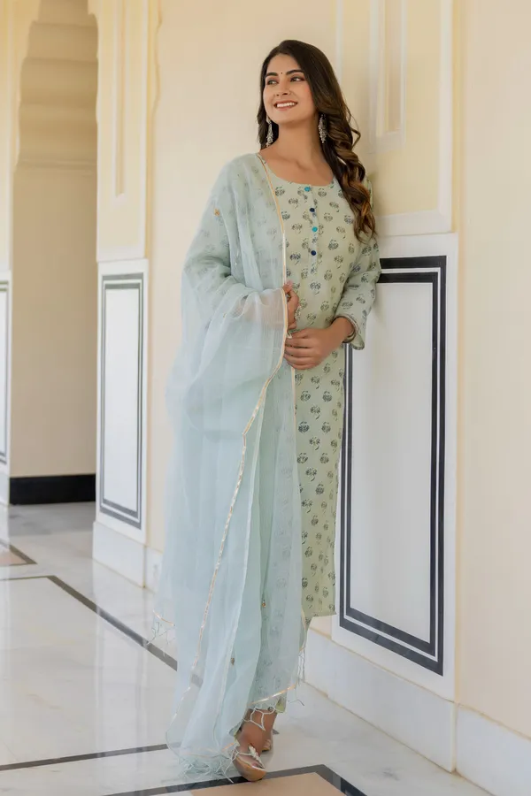 Green_Floral_Printed_Round_Collar_Chanderi_Cotton_Straight_Kurta_With_Trouser_&_Dupatta_For_Women