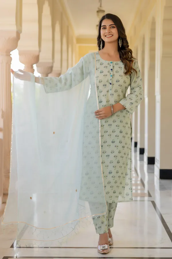 Green_Floral_Printed_Round_Collar_Chanderi_Cotton_Straight_Kurta_With_Trouser_&_Dupatta_For_Women