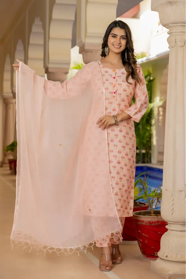 Orange_Floral_Printed_Chanderi_Cotton_Kurta_With_Palazzos_&_Dupatta_For_Women
