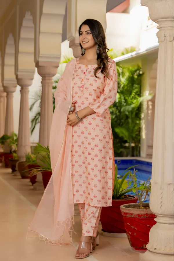 Orange_Floral_Printed_Chanderi_Cotton_Kurta_With_Palazzos_&_Dupatta_For_Women